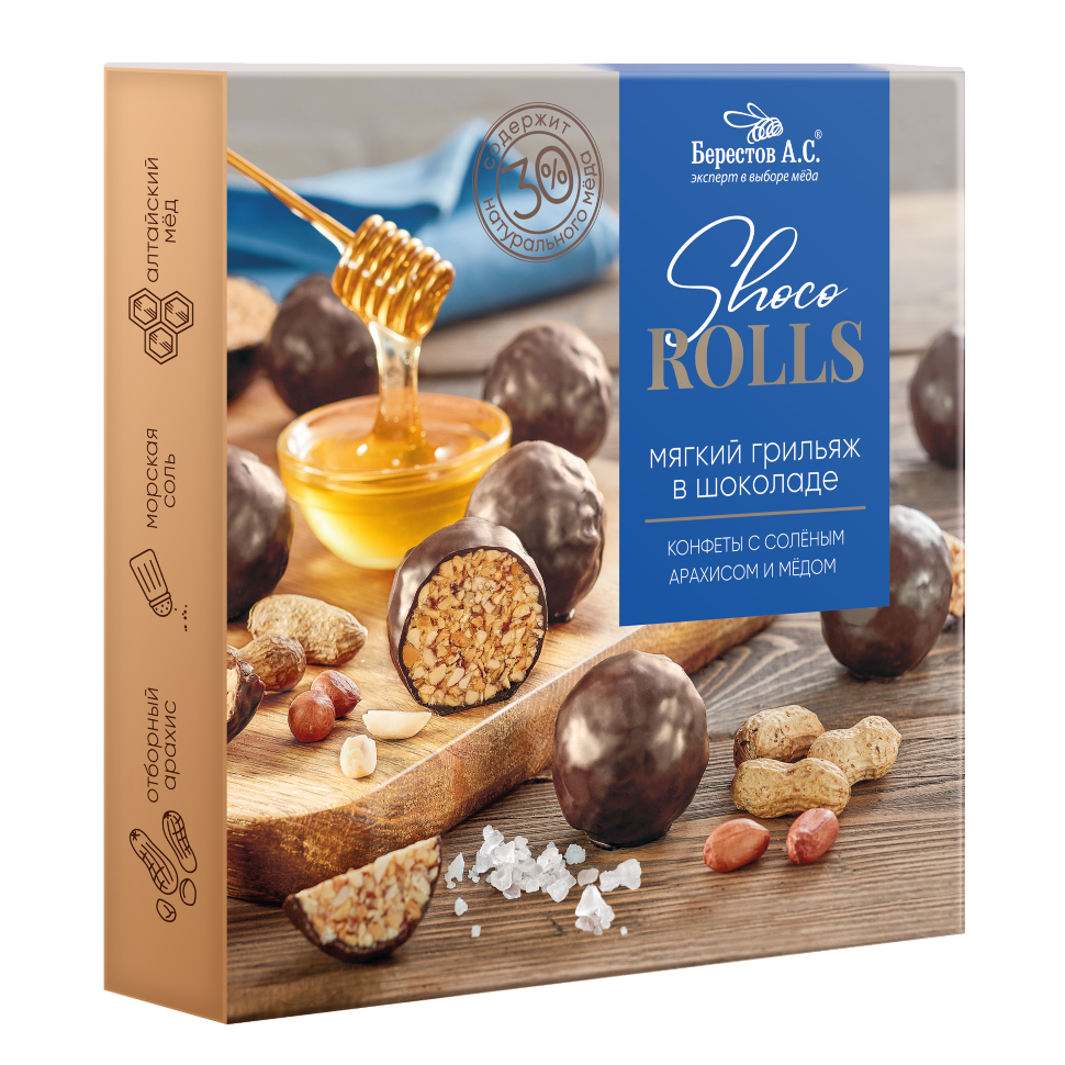  Берестов Shoco Rolls конфеты с арахисом, солью и медом, 135г   в Орске